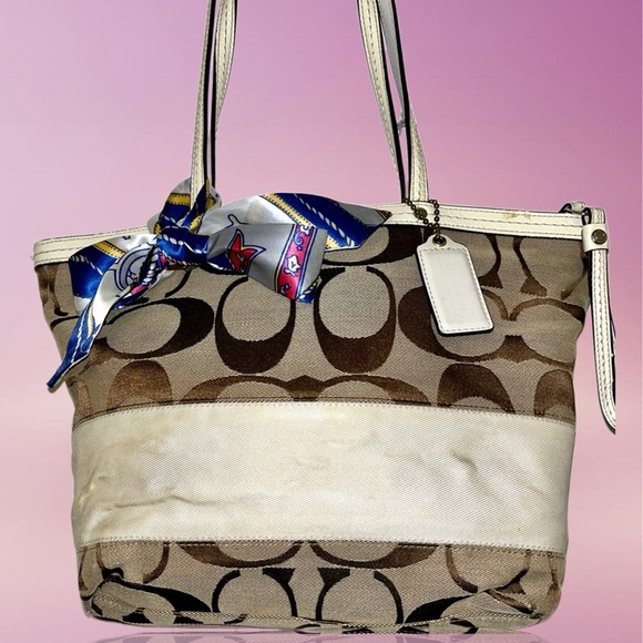 *LOW START* Coach Signature Brown and Cream Tote with Twilly Accent - Picture 1 of 4